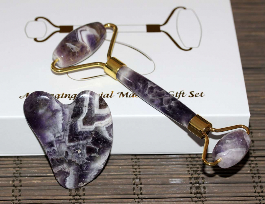 AMETİST Doğal Masaj Taşı 2'li Set Face Roller+Gua Sha