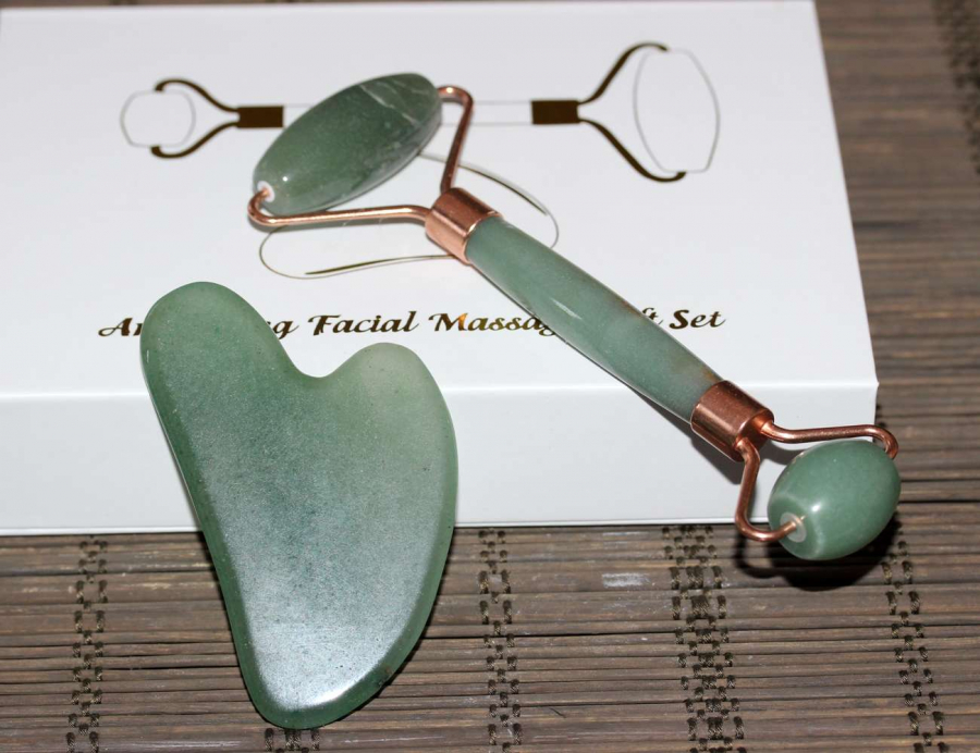 Aventurin Doğal Masaj Taşı 2'li Set Face Roller+Gua Sha