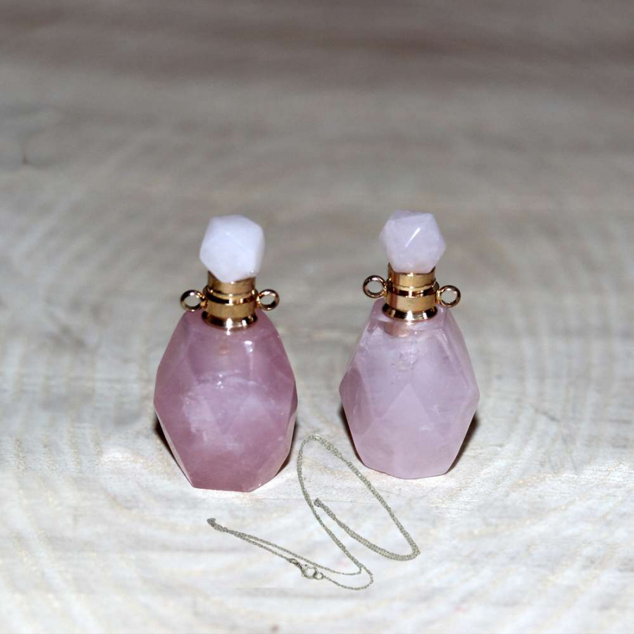 GOLD UÇLU PEMBE KUVARS (KOLYE) DOĞAL TAŞ PARFÜM ŞİŞESİ
