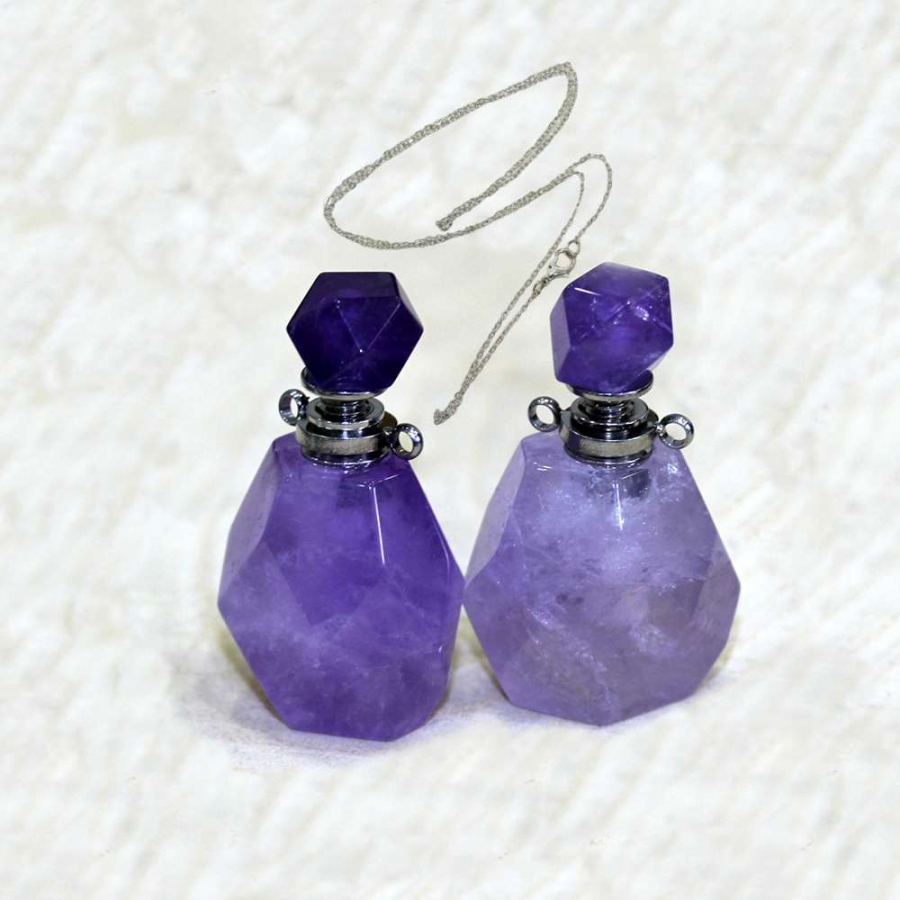 GÜMÜŞ UÇLU AMETİST ( KOLYE ) DOĞAL TAŞ PARFÜM ŞİŞESİ